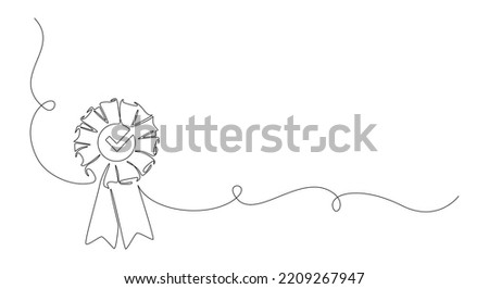 Rosette Stamp award badge with tick in one continuous line drawing. Premium quality product and high warranty concept or logo in simple linear style. Editable Stroke. Doodle vector illustration