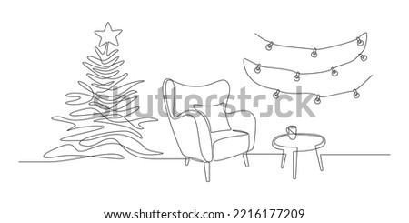 One continuous Line drawing of festive interior with armchair and christmas tree, table and garland. Modern cozy furniture for living room decor in simple linear style. Doodle vector illustration
