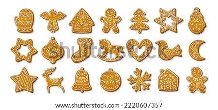 Christmas Gingerbread Cookie. Set of winter sweet homemade biscuits in the form of different characters and holiday items isolated on white background. Cute Cartoon vector illustration