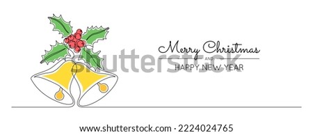 One continuous line drawing of Christmas Holly leaves and bells. Festive color plant and berry in simple linear style. Icon template for greeting card cover and logo. Doodle vector illustration