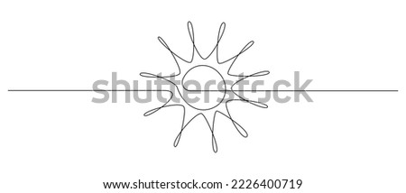 One continuous line drawing of sun and sunrise. Hot temperature and summer symbol in simple linear style. Solar green energy concept in editable stroke. Doodle vector illustration