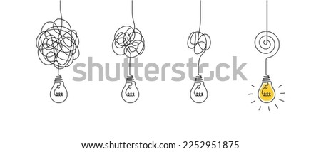 One continuous line drawing of tangled and scribble wires with light bulbs. Concept of complex problem solving process and Clarifying idea in simple linear style. Editable stroke. Vector illustration.