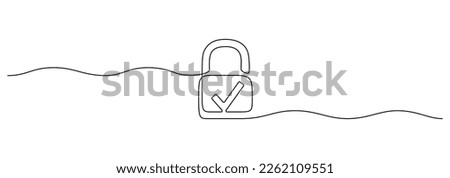 One continuous line drawing of padlock with check mark. Outline symbol password lock and security privacy safety concept in simple linear style. Secret icon in editable stroke. Vector illustration
