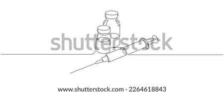 One continuous line drawing of medicine set with syringe and vial. Pharmaceutical components and vaccine symbol in a simple linear style. Editable stroke. Doodle outline vector illustration