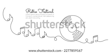 One continuous line drawing of Vinyl LP record with notes. Vintage black disk and Retro sound album in simple linear style. Editable stroke. Doodle vector illustration
