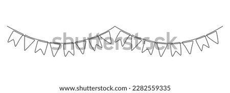 Garland bunting with flags in one continuous line drawing. Birthday and jubilee party decoration in simple linear style. Festoon for celebrate baby shower. Editable stroke. Doodle outline vector