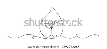 One continuous line drawing of plant insight drop of water. Naturally grown agriculture without pesticides concept in simple linear style. Fresh washing and dry cleaning. Doodle vector illustration