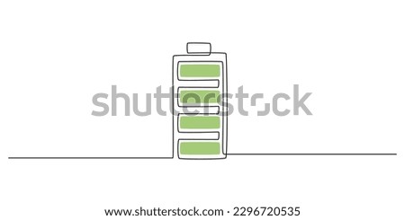 One continuous line drawing of full charge battery. Mental health concept symbol and electricity energy type sign in simple linear style. Editable stroke. Doodle vector illustration