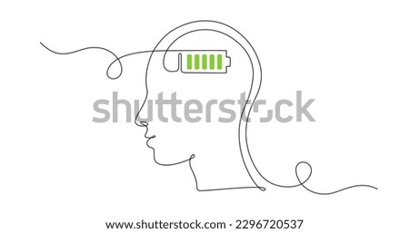One continuous line drawing of head with full battery level. Mental health and positive therapy concept in simple linear style. Editable stroke. Doodle vector illustration