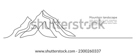 One continuous line drawing of mountain range landscape. Web banner with mounts in simple linear style. Adventure winter sports concept in editable stroke. Doodle vector illustration