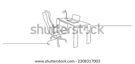 One continuous line drawing of home office interior. Modern work desk and chair with laptop in simple linear style. Remote distant work concept in editable stroke. Doodle vector illustration