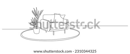 One continuous Line drawing of armchair and potted plant on carpet. Stylish furniture for living and office room interior in simple linear style. Editable stroke. Vector illustration