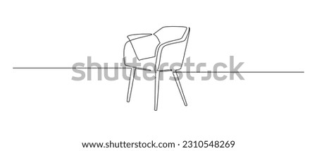 One continuous Line drawing of armchair. Stylish furniture chair for living and office room interior in simple linear style. Editable stroke. Doodle vector illustration