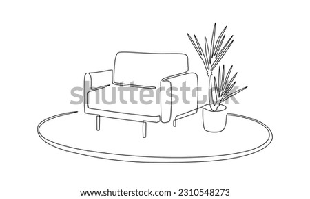 One continuous Line drawing of armchair and potted plant on carpet. Stylish furniture for living and office room interior in simple linear style. Editable stroke. Doodle Vector illustration