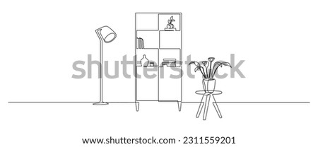 Continuous one line drawing of cabinet with floor lamp and home plant. Indoor furniture with modern design in simple linear style. Editable stroke. Doodle vector illustration