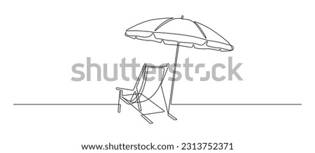 Beach umbrella and chair in one continuous line drawing. Concept of holiday summer and vacation in paradise landscape and seaside in simple linear style. Editable stroke. Doodle vector illustration