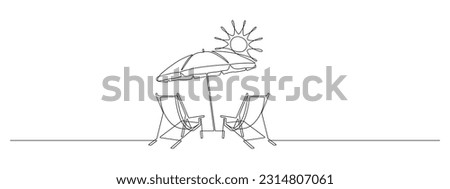 Beach umbrella and two chairs in one continuous line drawing. Concept of holiday summer and honeymoon in the Caribbean paradise in simple linear style. Editable stroke. Doodle vector illustration