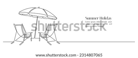 Beach umbrella and two chairs in one continuous line drawing. Concept of holiday summer and honeymoon in the Caribbean paradise in simple linear style. Editable stroke. Doodle vector illustration