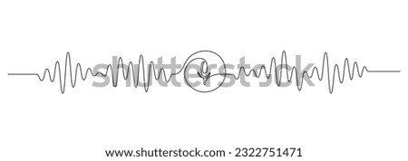 One continuous line drawing of music player soundbar with microphone button. Record audio podcast and sound wave voice message in simple linear style. Editable stroke. Doodle vector illustration