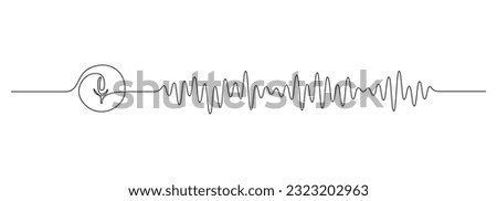 One continuous line drawing of music player soundbar with microphone button. Record audio and sound wave voice message in simple linear style. Editable stroke. Doodle vector illustration