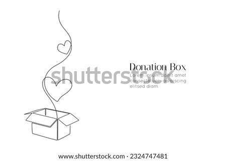 One continuous line drawing of donate box with hearts. Minimalist concept of help support and volunteer activity in vertical web banner in simple linear style. Gift of love Vector illustration