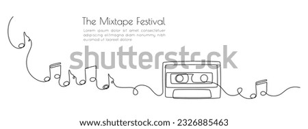 One continuous line drawing of audio cassette tape with notes. Retro and nostalgic music and mixtape concept for web banner in simple linear style. Editable stroke. Doodle Vector illustration