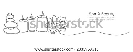 One continuous line drawing of wellness and spa treatment. Candle stones and lotus flower for zen and balance concept in simple linear style. Editable stroke. Doodle Vector illustration