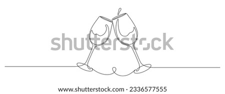 Continuous one line drawing of two glasses of red wine. Toast and cheers with splash in simple linear style. Alcohol and cocktail drink menu in editable stroke. Doodle vector illustration