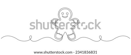 Continuous one line drawing of christmas gingerbread man. Homemade sweet cookie and biscuits in simple linear style. Editable stroke. Doodle vector illustration