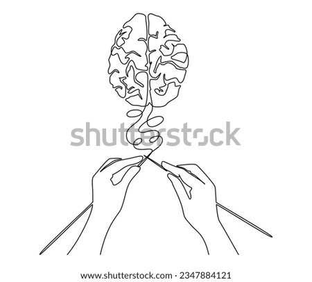 Continuous one line drawing of human hands knitting brain. Mental health and psychotherapy concept in simple linear style. Editable stroke. Doodle outline vector illustration