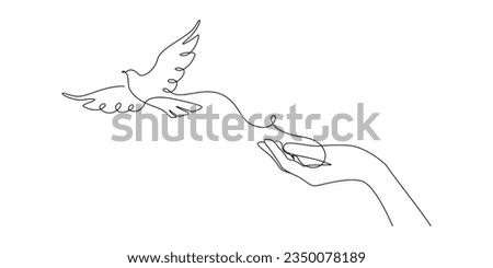 One continuous line drawing of flying dove with two hands. Bird symbol of peace and freedom in simple linear style. Mascot concept for national labor movement icon. Doodle vector illustration