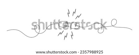 One continuous line drawing of plug inserting into electric outlet. Power socket energy disconnect in simple linear style. Concept of 404 error connection. Editable stroke. Vector illustration