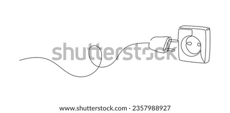 One continuous line drawing of plug inserting into electric outlet. Power socket energy disconnect in simple linear style. Concept of 404 error connection. Editable stroke. Doodle vector illustration