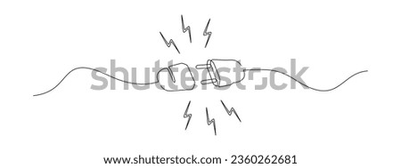 One continuous line drawing of plug inserting into electric outlet. Power socket disconnect in simple linear style. Concept of 404 error connection. Editable stroke. Contour Vector illustration