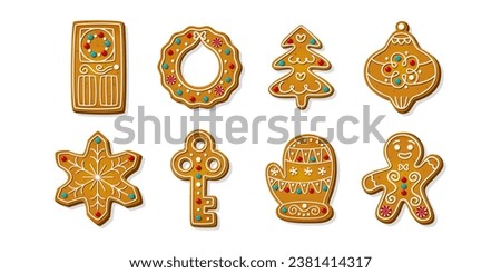 Christmas gingerbread cookies. Winter homemade xmas sweets in shape of gingerbread man and door with key, tree and snowflake, wreath and toy. Cartoon Vector illustration