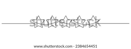 One continuous line drawing of five stars. Rating service and high quality review and feedback from customer in simple linear style. Christmas divider in editable stroke. Doodle vector illustration