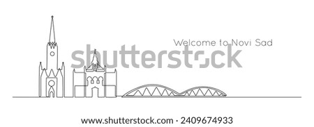 Continuous one line drawing of Novi Sad city. Serbian landmarks and city architecture in simple linear style. Editable stroke. Doodle outline vector illustration