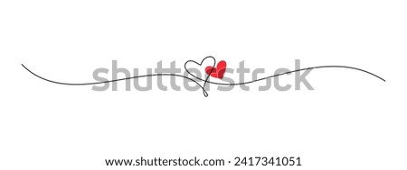 One continuous drawing of two hearts with red color love sign. Thin flourish ribbon and romantic symbol in simple linear style. Editable stroke. Doodle contour vector illustration