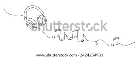One continuous line drawing of musical notes and headphones. Minimalistic web banner and modern logo of sound and music school in simple linear style. Editable stroke. Doodle vector illustration