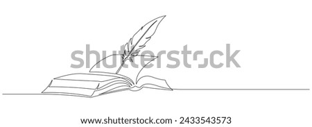 One continuous line drawing of bird feather with book. Writer and poetry symbol logo in simple linear style. Quill pen with diary in editable stroke. Doodle hand drawn vector illustration