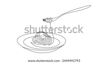 Pasta and spaghetti in One Continuous line drawing. Italy noodle on plate with fork for web banner and food delivery service in simple linear style. Editable stroke. Doodle Vector illustration