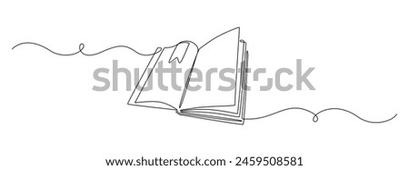 Continuous one line drawing of opened book with bookmark. Education study and knowledge library concept in simple linear style. Editable stroke. Doodle vector illustration