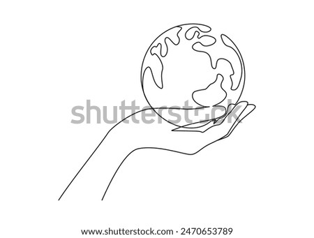 One continuous line drawing of hand holding Earth globe. World environment day poster in simple linear style. Protect and save planet concept in editable stroke. Doodle contour vector illustration