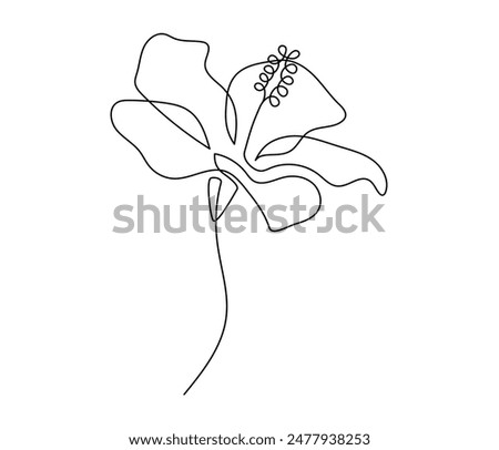 Hibiscus flower in one continuous line drawing. Floral abstract symbol in simple linear style. Organic red herbal tea concept in editable stroke. Doodle vector illustration