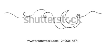 One continuous line drawing of Moon with star. Ramadan Kareem banner in simple linear style. Sleep symbol with crescent in Editable stroke. Doodle contour vector illustration