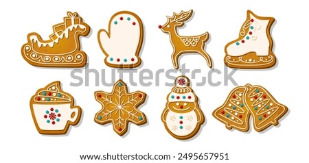 Christmas Gingerbread cookies for celebrating xmas. Winter homemade sweets in festive shapes isolated on white background. Cute flat cartoon Vector illustration