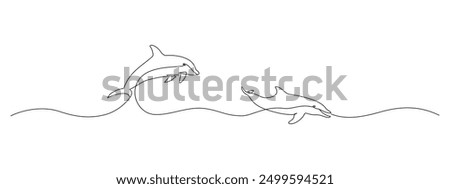 One continuous line drawing of couple of dolphin. Sea animal in wildlife in simple linear style. Summer concept in Editable stroke. Doodle vector illustration