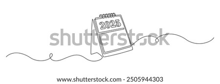 Loose-leaf calendar 2025 year in one continuous line drawing. Symbol of memorable date and event day in simple linear style. Time planner agenda concept in editable stroke. Doodle vector illustration