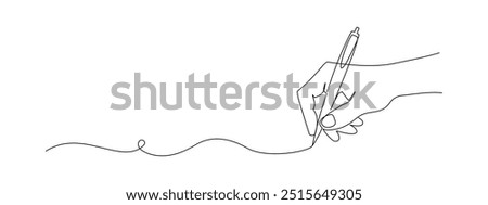 Hand holding pen and writing in one continuous line drawing. Letter and diary concept in simple linear style. School lesson symbol in editable stroke. Doodle hand drawn vector illustration