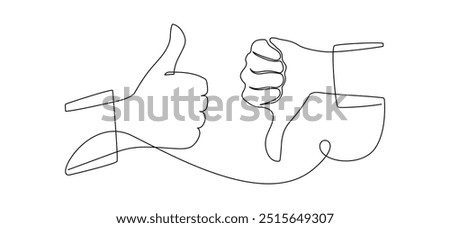 Thumbs up and down in one continuous line drawing. Hand showing like and dislike in simple linear style. Positive and negative finger in editable stroke. Doodle contour vector illustration